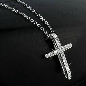 White Gold Plated Double Layered Cross Cubic Zirconia Religious Pendant Necklace